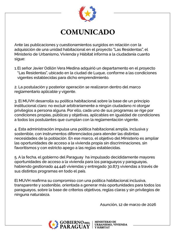 MUVH aclara que senador Javier "Chaqueñito" Vera adquirió departamento cumpliendo condiciones vigentes - El Trueno
