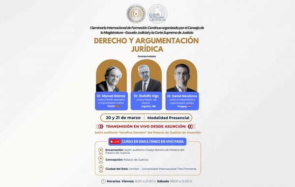 Palacio de Justicia será sede del Primer Seminario Internacional de Formación Continua sobre Derecho y Argumentación Jurídica