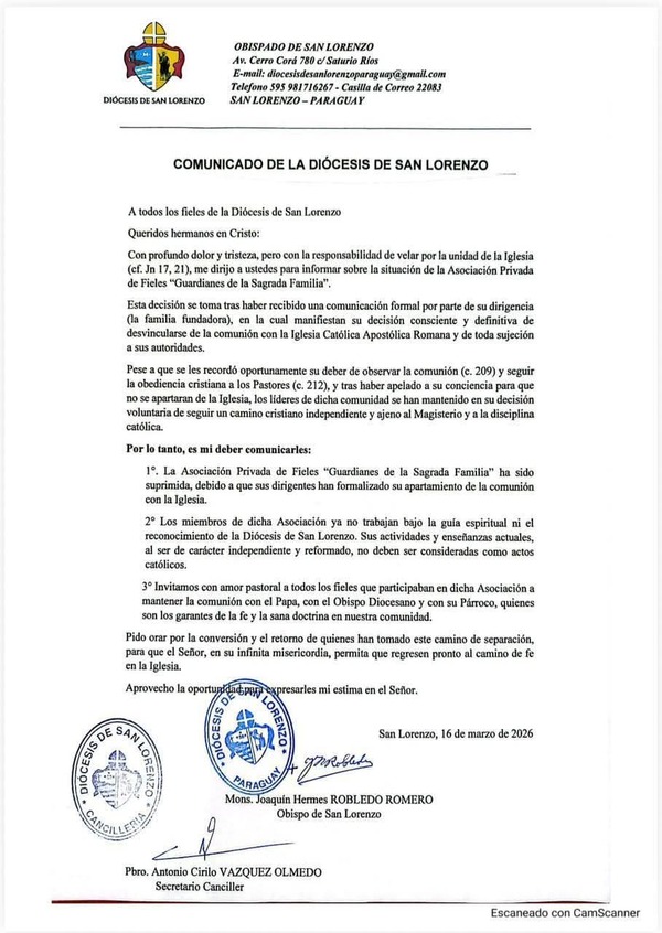 Diócesis de San Lorenzo comunica separación de asociación religiosa de la Iglesia Católica » San Lorenzo PY