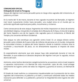 Embajada de Israel en Paraguay: ataques iraníes ponen en riesgo lugares sagrados - ADN Digital