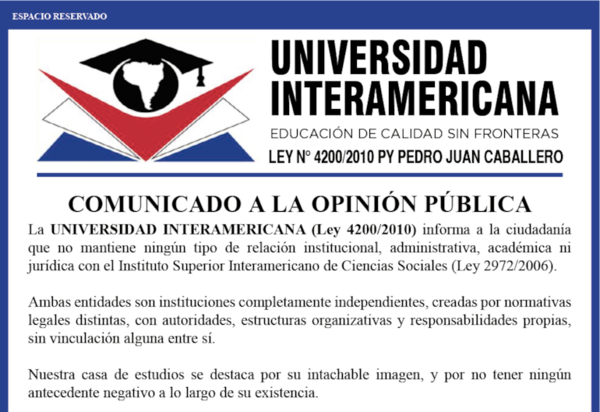 Comunicado a la opinión pública de la Universidad Interamericana - Espacio Reservado - ABC Color