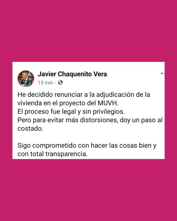 El senador "Chaqueñito" renuncia a departamento del MUVH tras fuerte cuestionamiento público