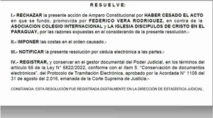 Justicia rechaza amparo promovido por miembro sumariado de la Junta Directiva del Colegio Internacional