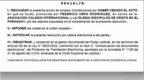 Justicia rechaza amparo promovido por miembro sumariado de la Junta Directiva del Colegio Internacional