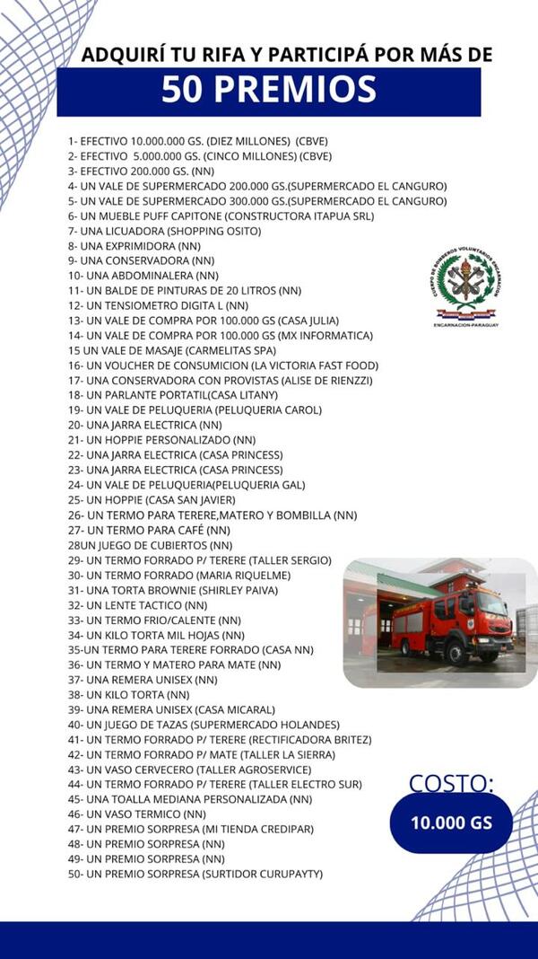 Bomberos de Encarnación lanzan su tradicional rifa anual para adquirir un camión autobomba