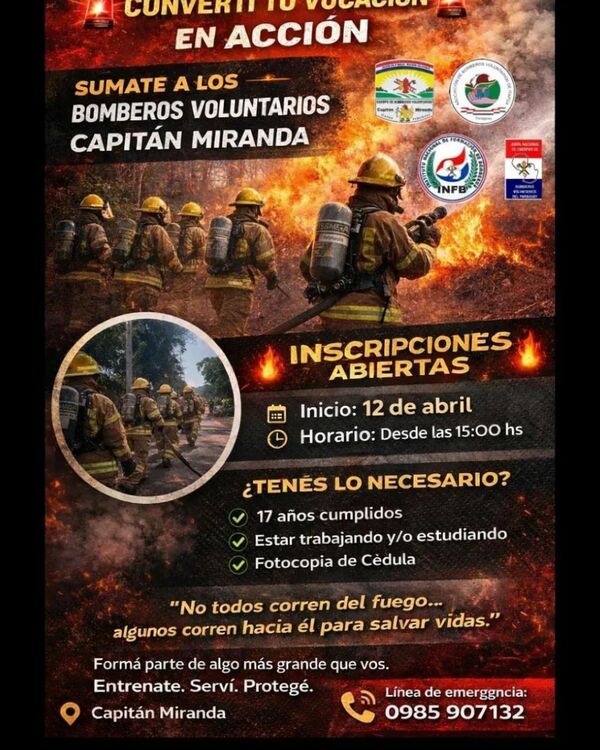 Capitán Miranda abre inscripciones para nuevos bomberos voluntarios