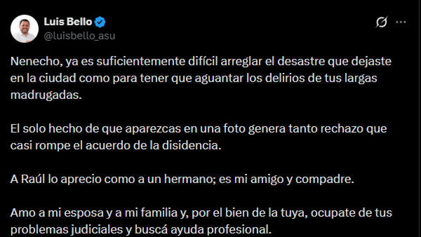 Luis Bello respondió a Nenecho: "Amo a mi esposa... buscá ayuda profesional", he'imi