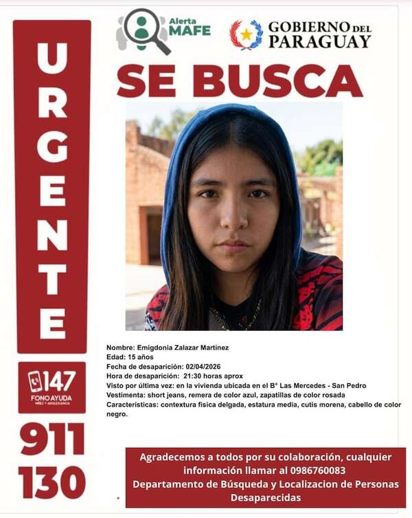 Alerta MAFE: piden ayuda para localizar a adolescente de 15 años desaparecida - Policiales - ABC Color