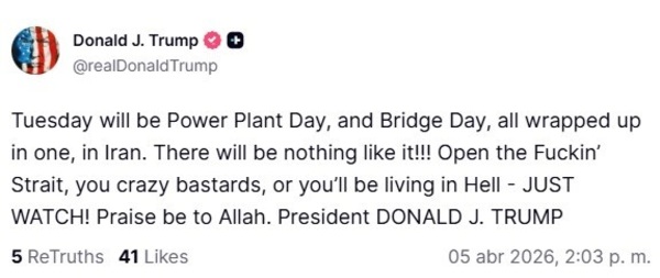 Trump exige a los "locos cabrones" de Irán que abran para el martes "el puto estrecho" de Ormuz