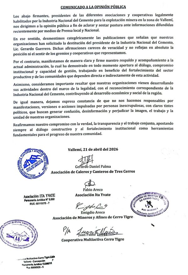 Otros mineros respaldan a la INC y rechazan versiones sobre pedido de destitución - Concepción al Día