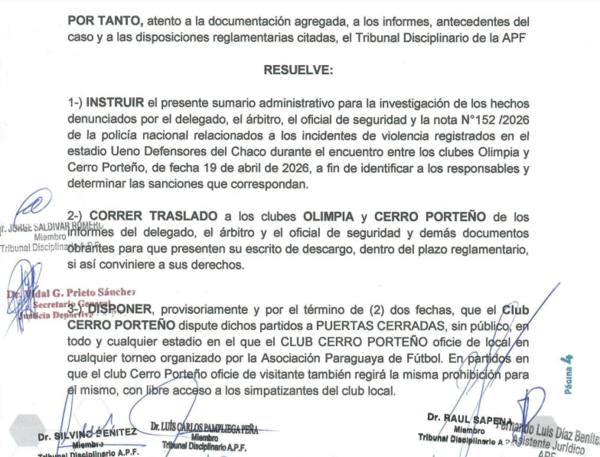 El Tribunal castiga provisoriamente a Cerro Porteño con dos partidos a puertas cerradas