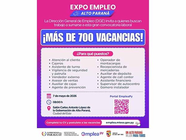Más de 700 vacancias estarán disponibles en Expo Empleo en Alto Paraná | DIARIO PRIMERA PLANA