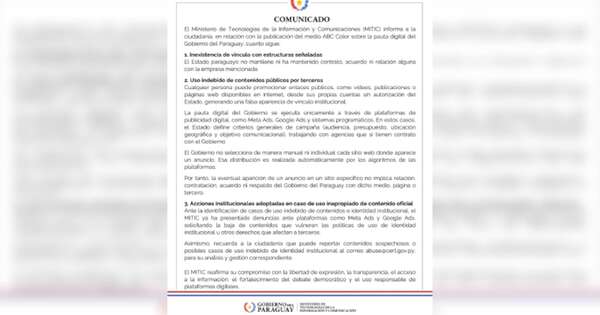 Diario HOY | MITIC desmiente publicaciones de ABC sobre pautas digitales y niega vínculos con empresa