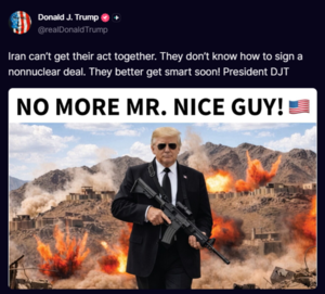 Trump exigió a Irán que «espabile pronto» y subió foto suya con fusil creada con IA