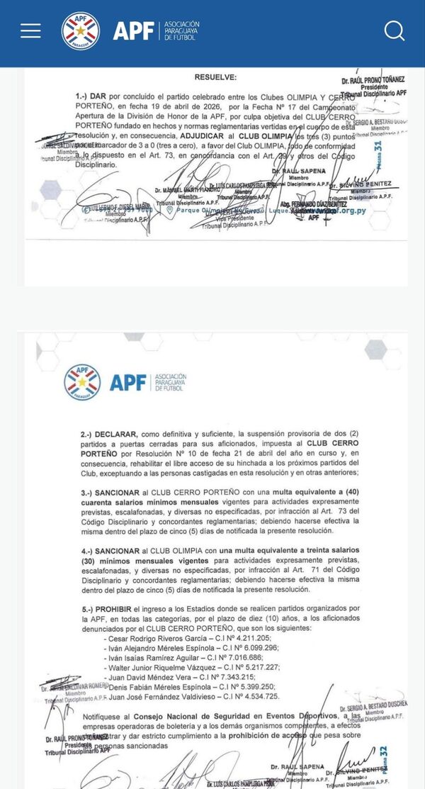 Tribunal de la APF falla tras incidentes en el superclásico: puntos para Olimpia y sanciones económicas - Concepción al Día