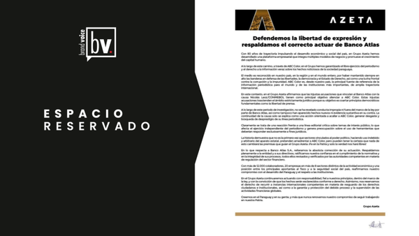 Espacio Reservado: Grupo Azeta comunica a la opinión pública