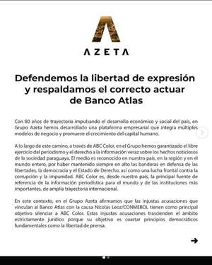Grupo Azeta defiende la libertad de expresión y respalda actuar del Banco Atlas - Nacionales - ABC Color