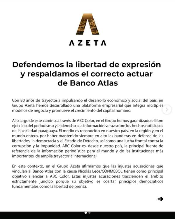 Grupo Azeta defiende la libertad de expresión y respalda actuar del Banco Atlas - Nacionales - ABC Color