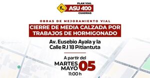 Anuncian cierre parcial por obras viales en zona clave de Asunción