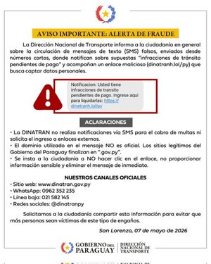 Dinatran alerta sobre mensajes falsos por supuestas multas